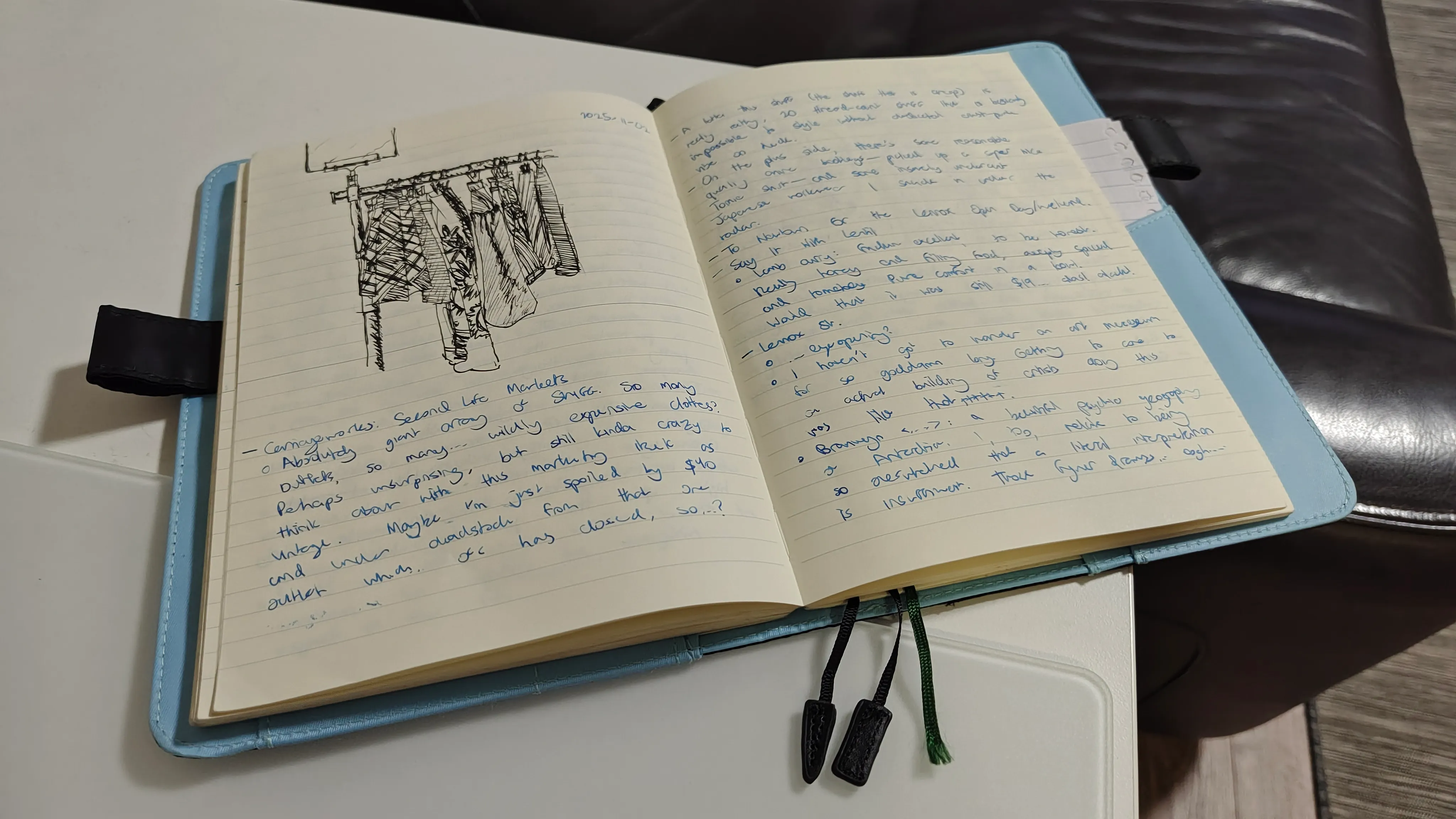 My MD paper notebook + Black x Clear Blue Original Size Hobonichi Techo cover. Drawing was done in 0.5mm Uni Pin fineliner; writing was done in Pilot Iroshizuku ink.